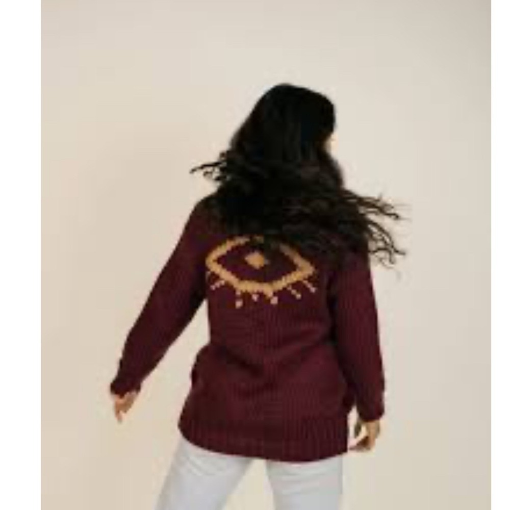NWT Jackson Rowe I See You Cardi Saffron Tawny Burgundy Zip Up Eye Sweater S M‎